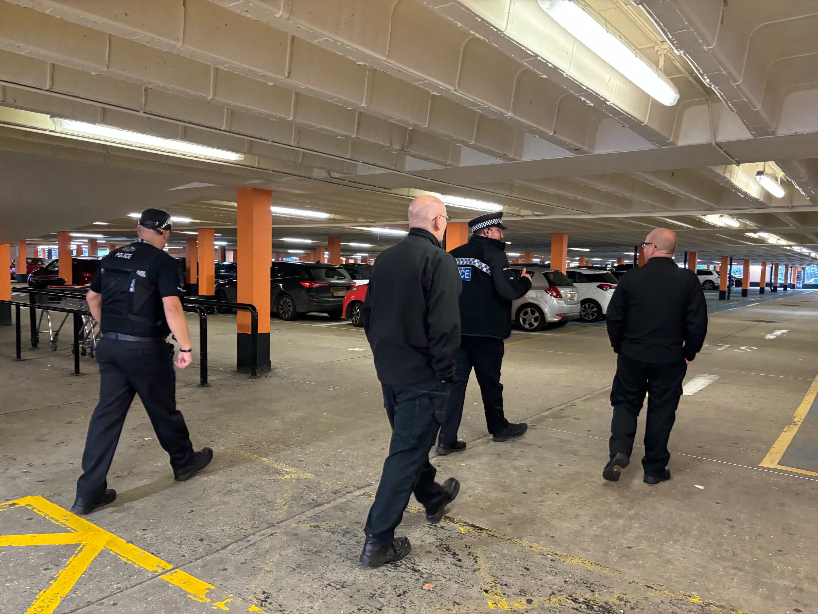 Essex Police officers and Braintree District Council enforcement officers check George Yard Car Park for antisocial behaviour.