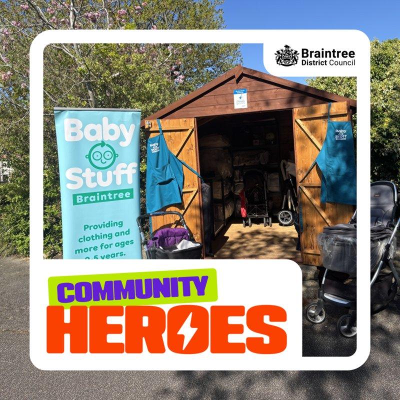Baby stuff open shed with blue baby stuff banner on left side, with community heroes logo and border