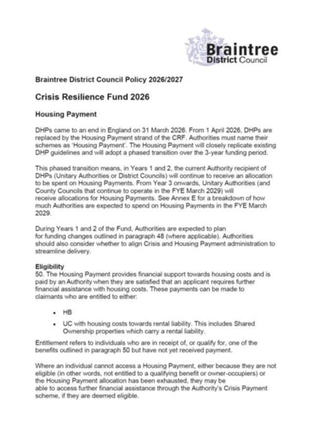 Crisis and Resilience fund housing payments policy