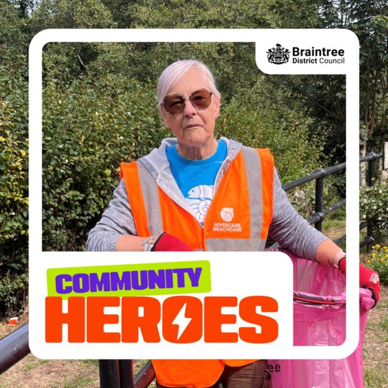 Halstead river litter picker wearing high visibility jacket, with community heroes logo and border