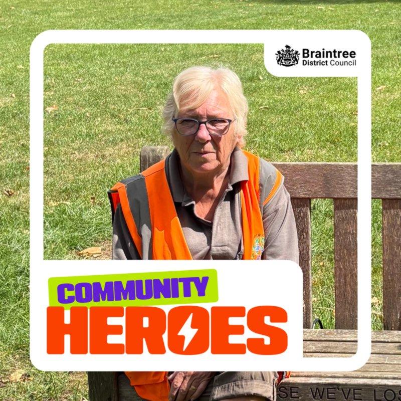 Denise, chair of the friends of hoppit mead, sitting on a park bench in a high visibility vest, with community heroes logo and border