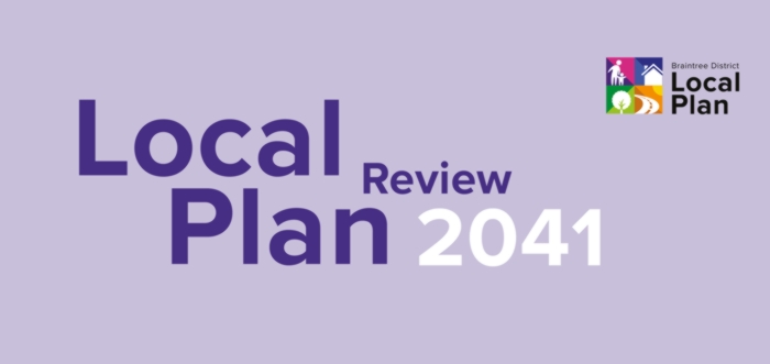 Graphic containing a house, tree, road and people. With the text Braintree District Local Plan, Local Plan Review 2041