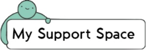 My support space with green cartoon person hugging the signpost logo