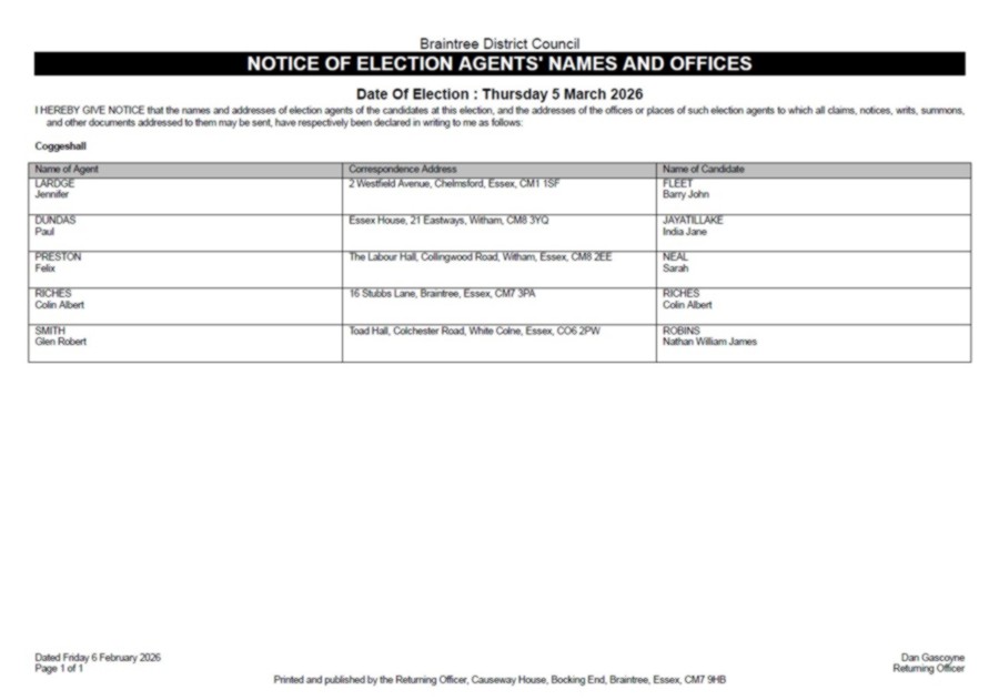 Notice of Election Agent's Names and Offices - Coggeshall Ward By-Election preview thumbnail