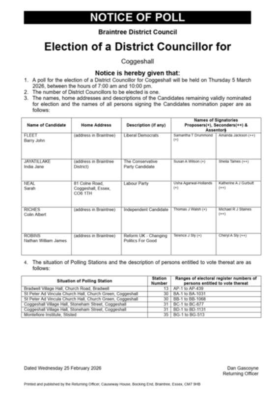 Notice of Poll Coggeshall By-Election 2026 PDF page preview thumbnail