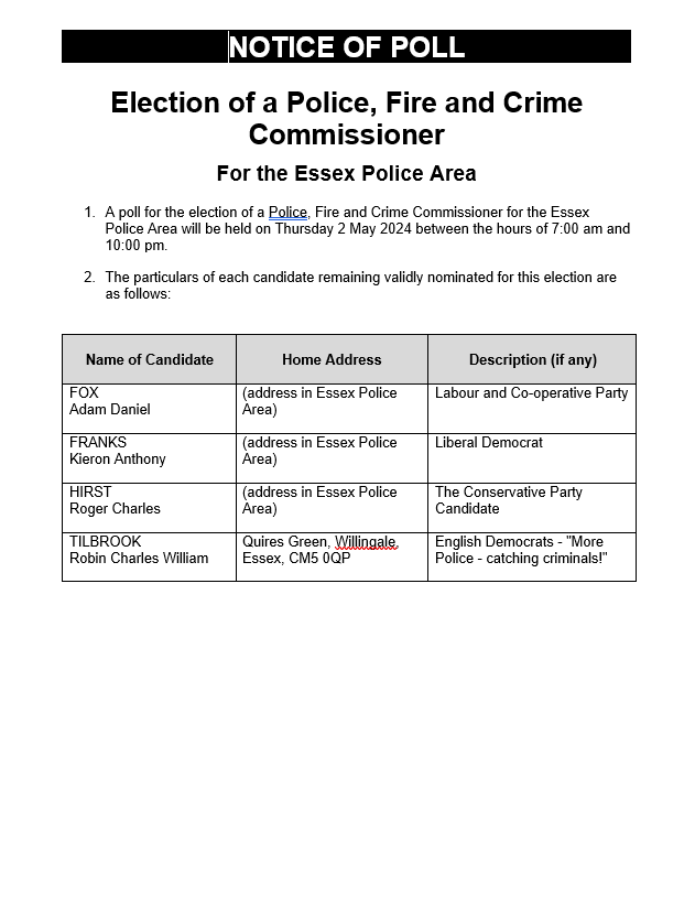 Notice of poll for PFCC election