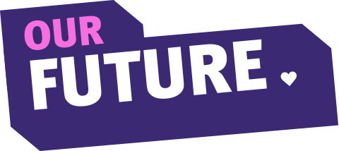 Our future logo with purple background and white capital text
