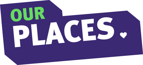 Our places logo with purple background and white capital text