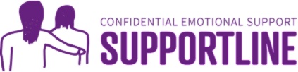 Confidential emotional support line purple logo with one person hugging another person in support