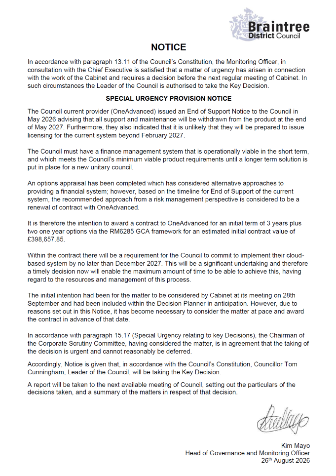 Urgent Key Decision on 26 August 2026 regarding the Award of Contract for a Financial Management System