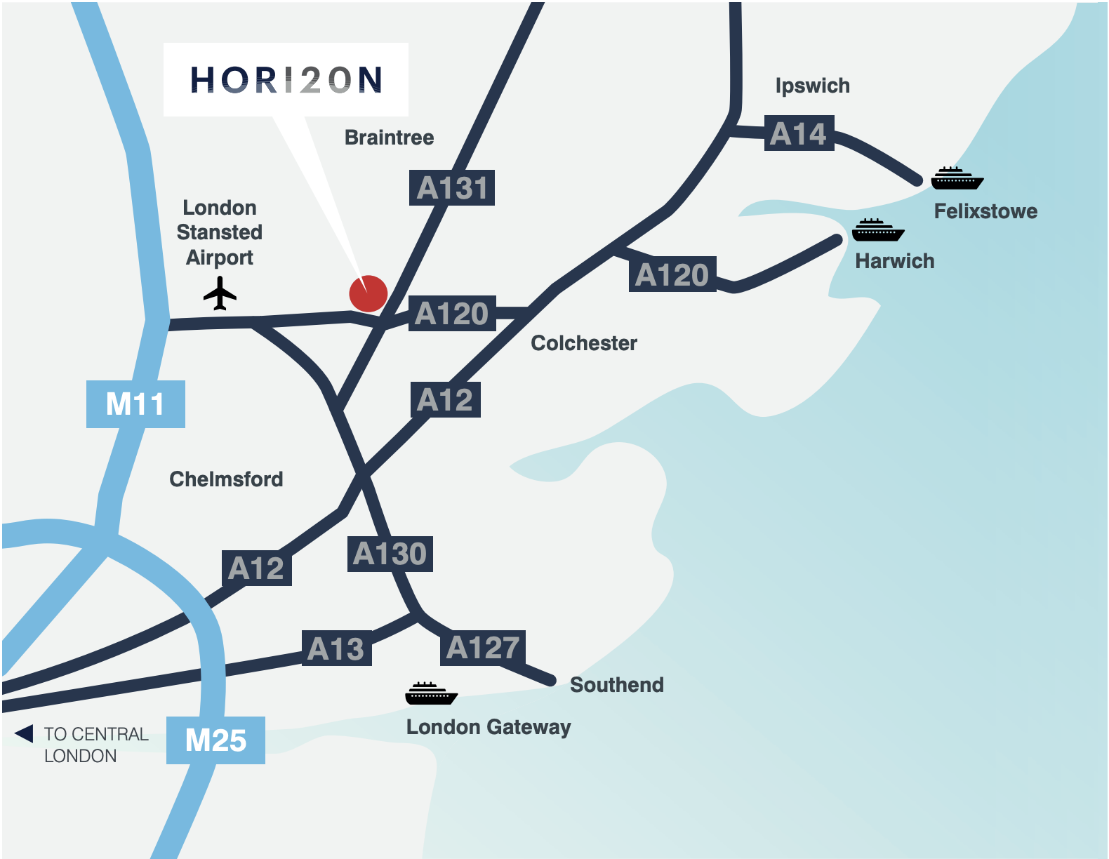 Map of the roads connecting to the H120 site including A12, A120, M11, A131, A14, A130, A13, A127 and M25